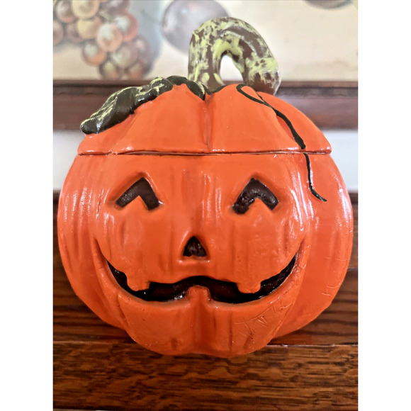 VTG Halloween Bat Coming Out Of Jack O' Lantern Paraffin Candle Holder Large - Picture 2 of 8